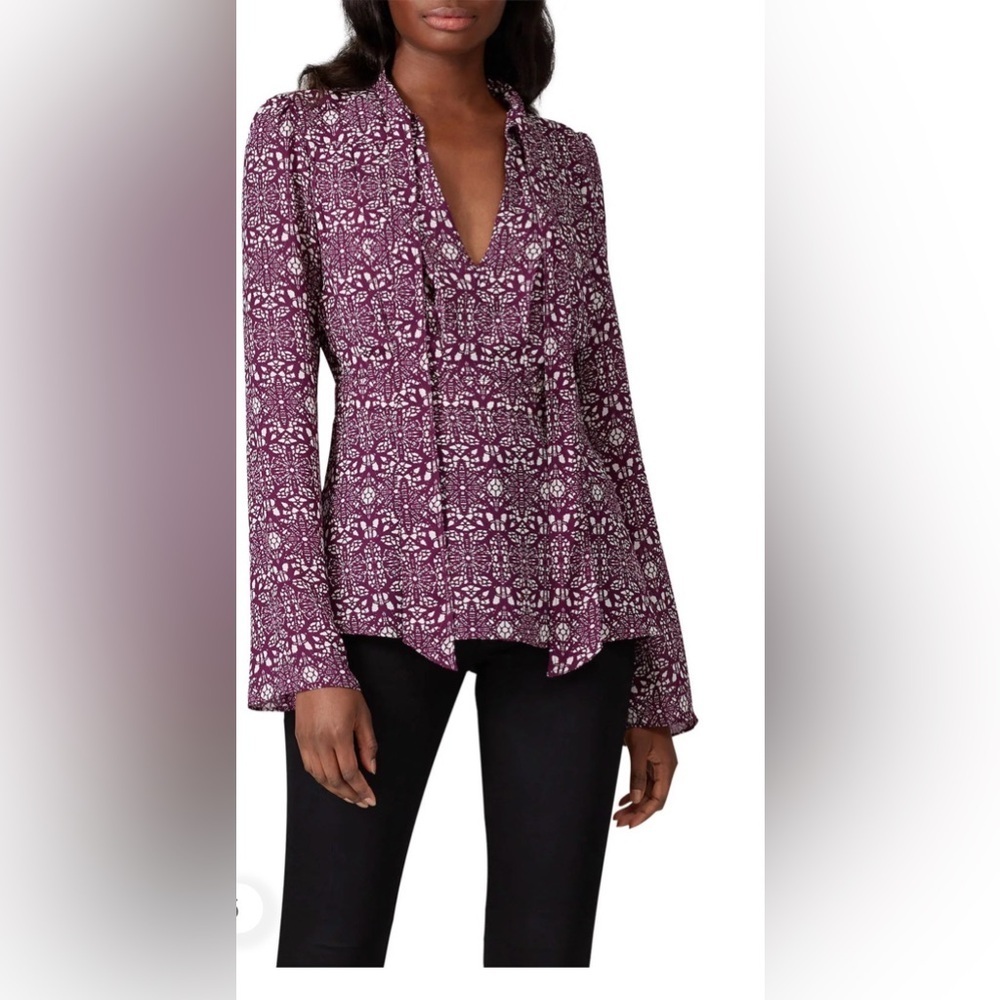 Derek Lam women’s V-Neck Long Sleeve Blouse Purple Print Tie Neck Sz 16 chic
